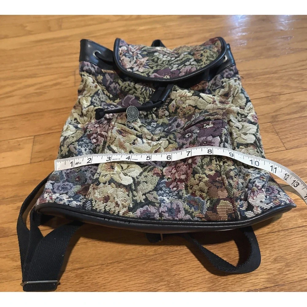 VTG 80s/90s New York Studios Floral Tapestry Backpack Black Leather Trim 10x12x5
